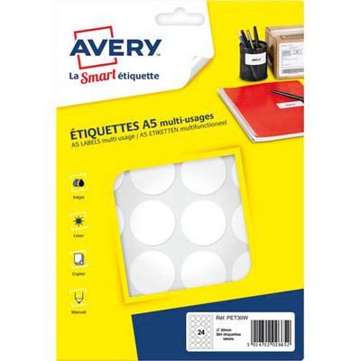 PASTILLES ADHESIVES AVERY - DIAMETRE 30 MM - IMPRIMABLES - BLANC - SACHET DE 384
