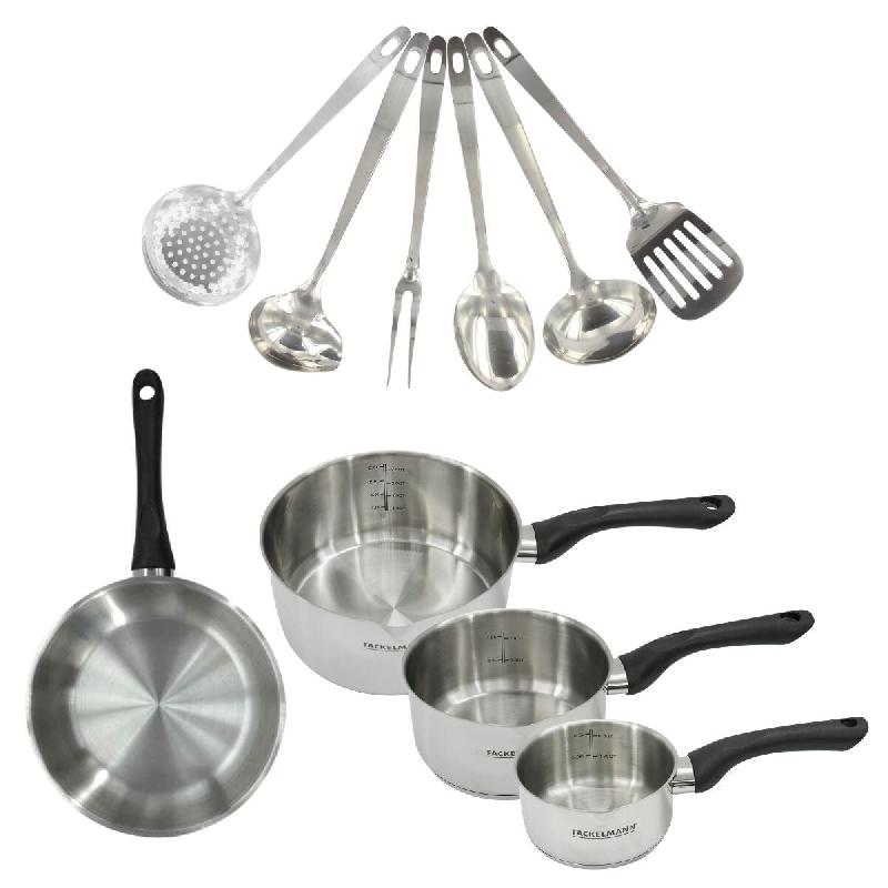 Set 1 poêle 20 cm, 3 casseroles en inox et 6 ustensiles inox Fackelmann Geneva - gris inox 3176239944617_0