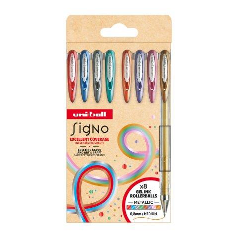 STYLO ROLLER UNI BALL SIGNO À CAPUCHON POINTE 0,65 COULEURS ASSORTIES PAILLETÉES - POCHETTE DE 8