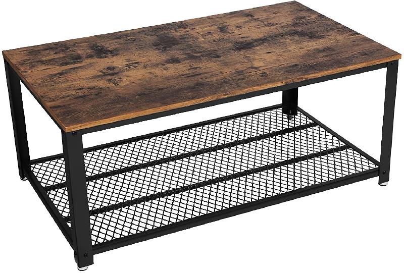Table basse industrielle - bout de canapé avec grand plateau 106 cm - pieds réglables et protection du plancher - armature métallique - marron foncé 12_0001001_0