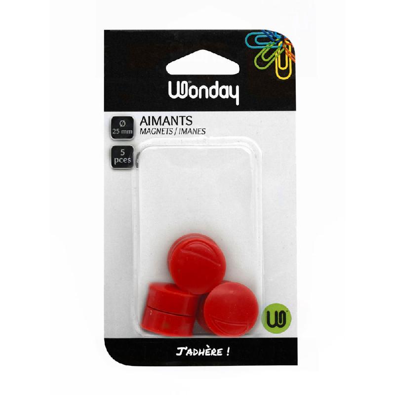 AIMANT ROND WONDAY POUR TABLEAU MAGNETIQUE - DIAMETRE 25 MM - ROUGE (BLISTER 5 UNITES)