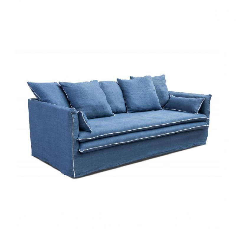 CARTAGENE - Canapé fixe 3 places en lin bleu minuit - 210 cm - Design épuré haut de gamme_0