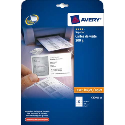CARTES DE VISITE AVERY C32011 8,5 X 5,4 CM - 200 G - IMPRESSION JET D'ENCRE ET LASER FINITION MATE - POCHETTE DE 250