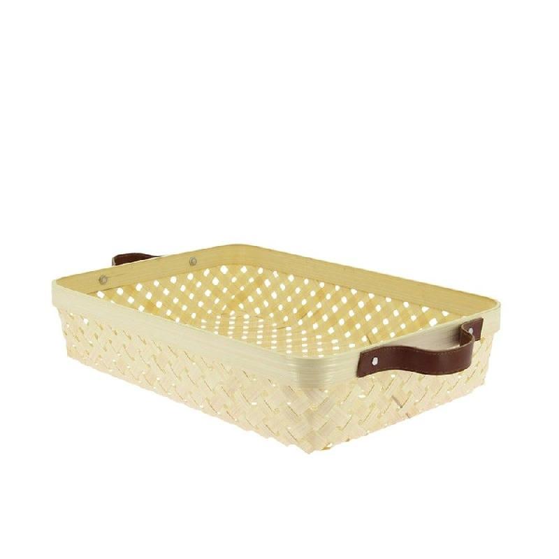 Corbeille bambou rectangulaire empilable anses effet cuir 33x23x7 cm - par 20_0