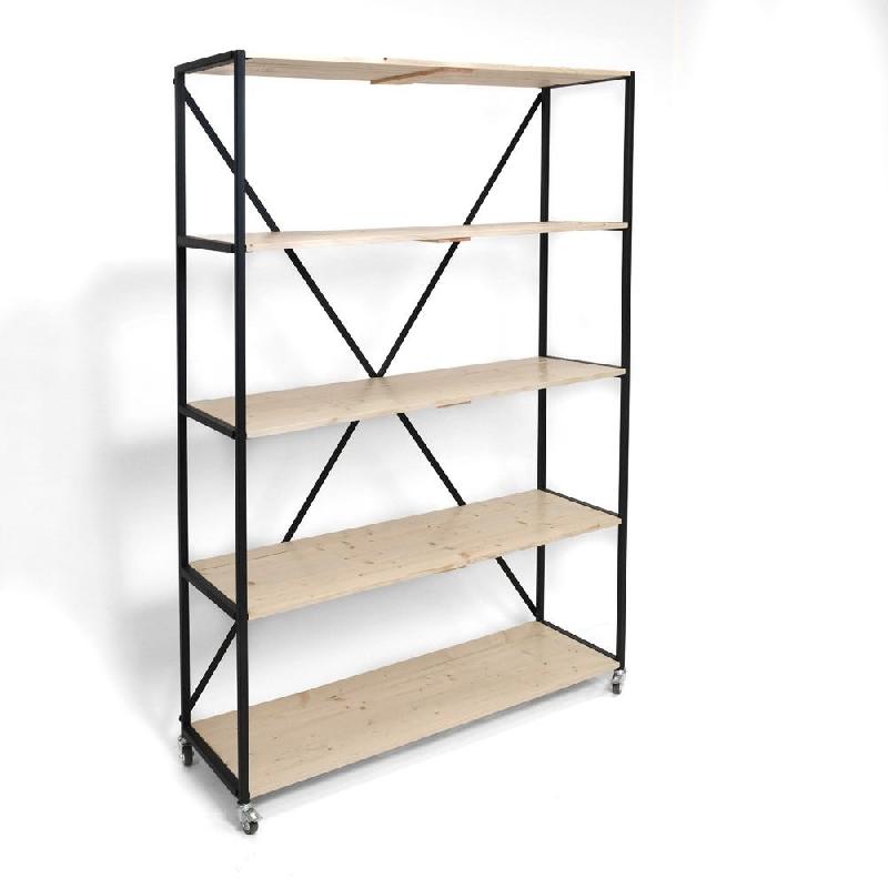 Etagère haute L119xP39xH195cm 4 niveaux Pin Naturel Noir mat - tube 20x20mm_0