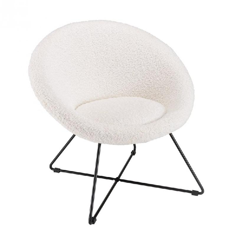 FAUTEUIL DESIGN GOTHY BLANC TISSU BOUCLETTE / PIEDS CROISÉS MÉTAL NOIR_0