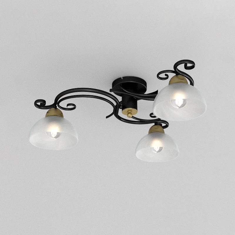 LUMINEX PLAFONNIER FLORA, 3 ABAT-JOUR VERRE, NOIR/LAITON