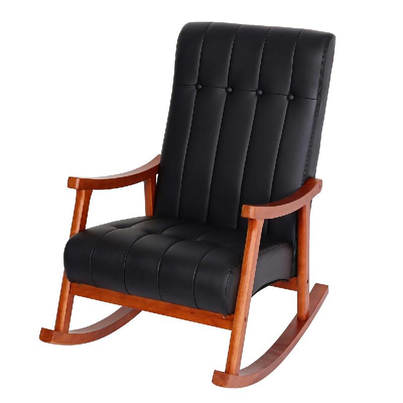 Mendler Fauteuil à bascule HWC-K10, fauteuil à bascule Fauteuil relax FSC® ~ similicuir noir, structure aspect noyer - noir matière synthétique 86624_0