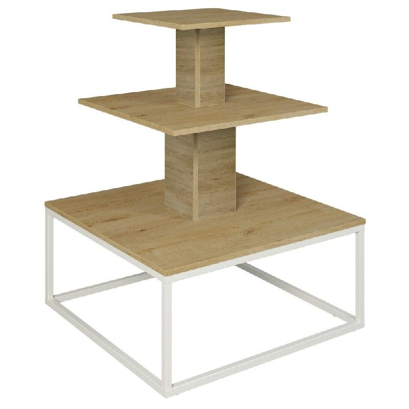 Présentoir 3 niveaux base métal blanc Vertigo chêne clair 90x90x117cm_0