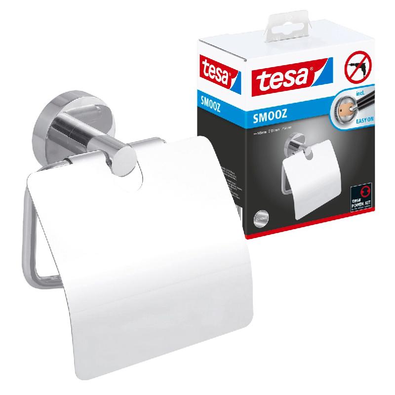 Tesa Smooz - Dérouleur papier toilette avec couvercle, métal chromé, arrondi - Élégant support papier WC au design classique - Montage simple - 5_0
