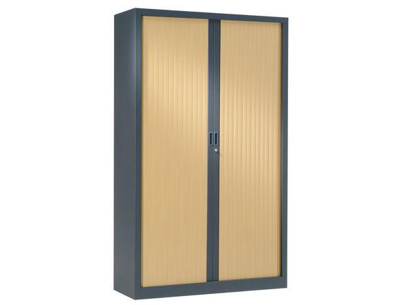 Armoire haute à rideaux bois - 4 étagères - 1200 x 430 x 1980 mm - Anthracite et chêne clair_0
