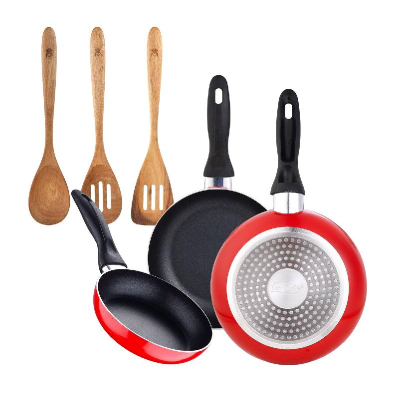 BERGNER - Jeu de 3 poêles Ø16/Ø20/Ø24 cm en aluminium pressé compatible induction Navy Red avec set de 3 ustensiles de cuisine 32,8x33x7x1,4 cm X_0