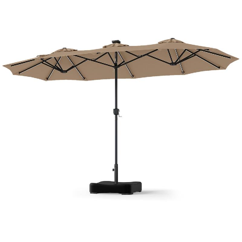 COSTWAY Parasol double 370x200cm avec socle, LED solaire, 12 modes, 2 charges et manivelle, marron. - marron métal ZB35888OR_0