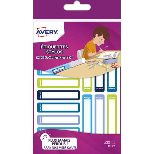 ETIQUETTES STYLOS AVERY - AUTOCOLLANTES - 50 X 10 MM - FEUTRE PERMANENT UNIQUEMENT - COLORIS BLEU/VERT - BLISTER DE 30 - LOT DE 10