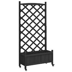 Helloshop26 - Jardinière bac lit surélevé plantes fleurs terrasse jardin avec treillis et roues bois massif de sapin noir 02_0038374 - 3000214171289_0