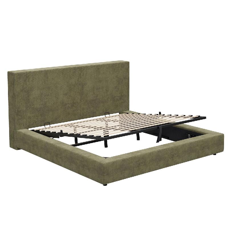 Merax Lit rembourré 160 x 200 cm avec rangement hydraulique, sommier à lattes et tête de lit rembourrée, chenille vert olive - vert multi-matéria_0