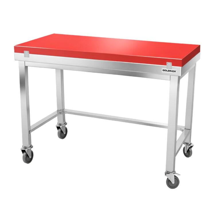 Table de travail en inox 1400x600 mm avec plaque de découpe rouge et renfort sur roulettes PREMIUM - GOLDINOX - gris inox 3701770841523_0
