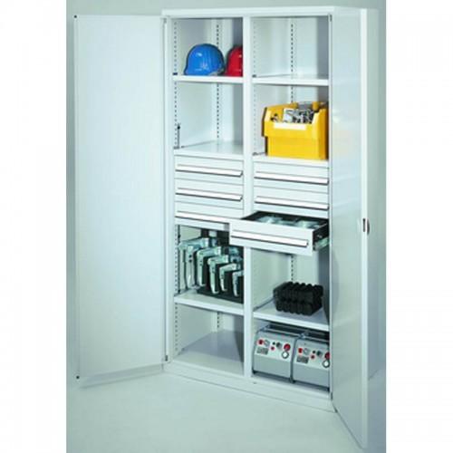 Armoire d'atelier haute charge lourde - Paroi centrale - Capacité 1,65t - H1950xL1000xP600mm - Portes bleu gentiane RAL 5010 - 6 tablettes et 6 tiroirs_0