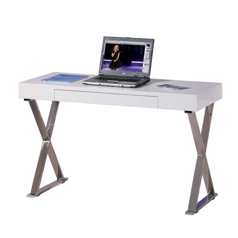 Bureau droit design en métal et MDF XAVIER 120 cm blanc laqué brillant - Paris Prix_0