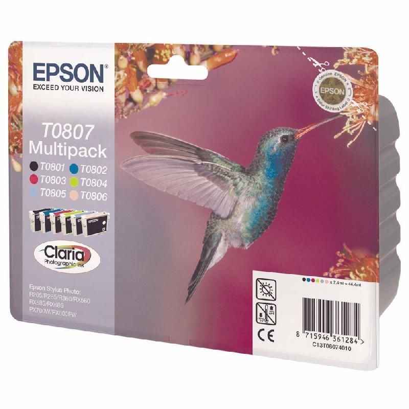 EPSON CARTOUCHE D'ENCRE COLIBRI T0807 (C13T08074010) - CLARIA PHOTOGRAPHIC - MULTIPACK - COULEUR: NOIR, CYAN, CYAN CLAIR, MAGENTA, MAGENTA CLAIR, JAUNE (LOT DE 6 CARTOUCHES)