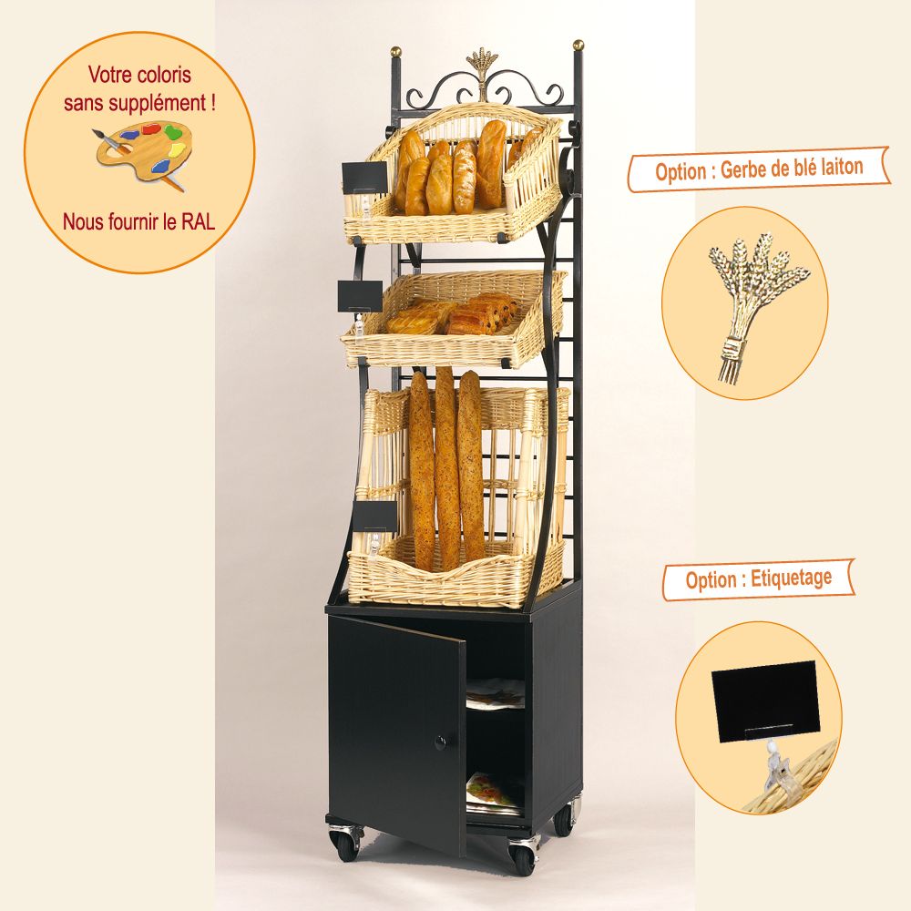 Étagère mobile modulable Boislette - 1 panier baguettes, 2 paniers pains spéciaux - osier blanc, métal peint époxy, mélaminé et laiton_0