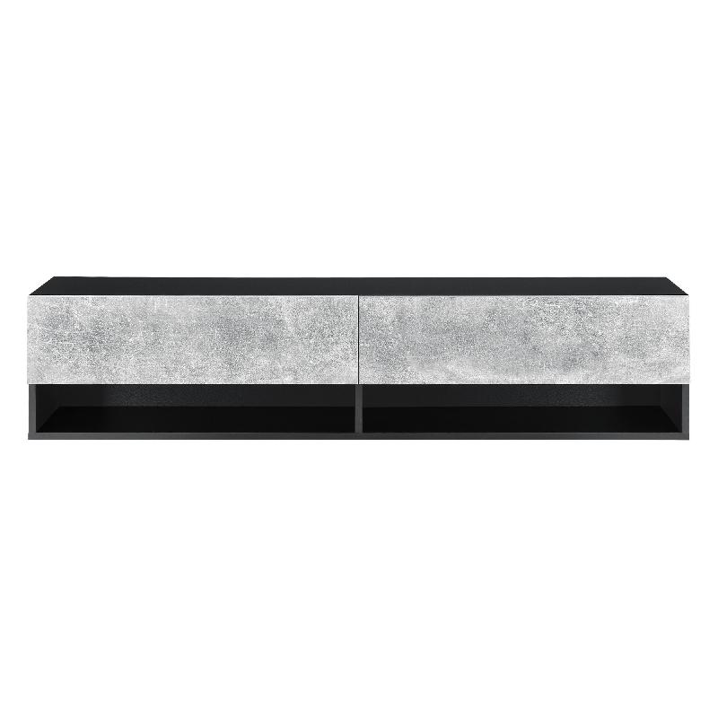 ÉTAGÈRE MURALE 2 PORTES MEUBLE SUPPORT TV RANGEMENT 140 CM NOIR EFFET BÉTON 03_0005186_0