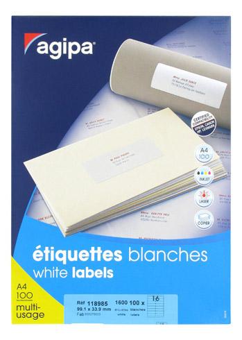 ETIQUETTE ADRESSE JET D'ENCRE ET LASER 99,1 X 33,9 MM AGIPA 118985 BLANCHE - BOÎTE DE 1600