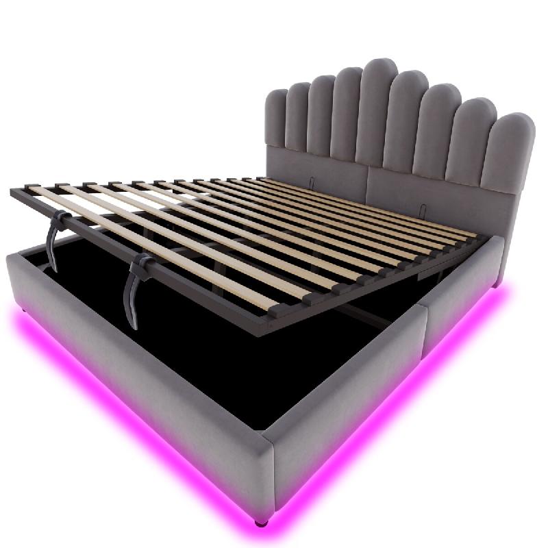 Merax Lit rembourré LED 180x200 cm, lit double en velours gris avec coffre hydraulique, sommier et tête volumineuse - gris multi-matériau LDU00629AAG_0