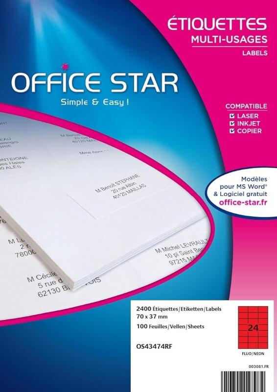 OFFICE STAR - Boite de 2400 étiquettes autocollantes multi-usages - Rouges Fluo 70 x 37mm - Jet d'encre ou Laser - (OS43474RF) - 5014702147982_0