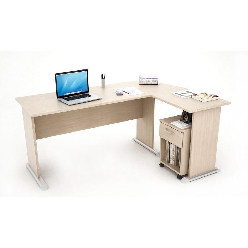 ENSEMBLE 1 BUREAU - UN RETOUR A DROITE - PIEDS L CHENE -  L. 170 X P.120 X H. 72 CM  - 1 CAISSON MOBILE - 1 TIROIR - H. 53 CM - PACK WOODY