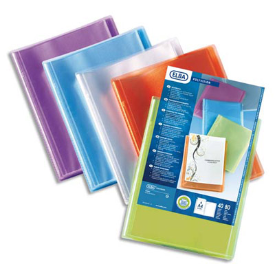 PROTEGE DOCUMENT ELBA - TRANSPARENT ET PERSONNALISABLE - 20 POCHETTES 40 VUES - POUR FORMAT 21 X 29.7 CM - 4 COULEURS : BLEU, INCOLORE, MANDARINE, VERT - LOT DE 12