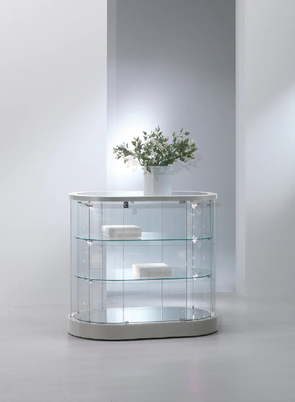 Vitrine d'exposition 209/OBVA ovale basse - gris clair - verre trempé - éclairage LED - 2 tablettes réglables_0