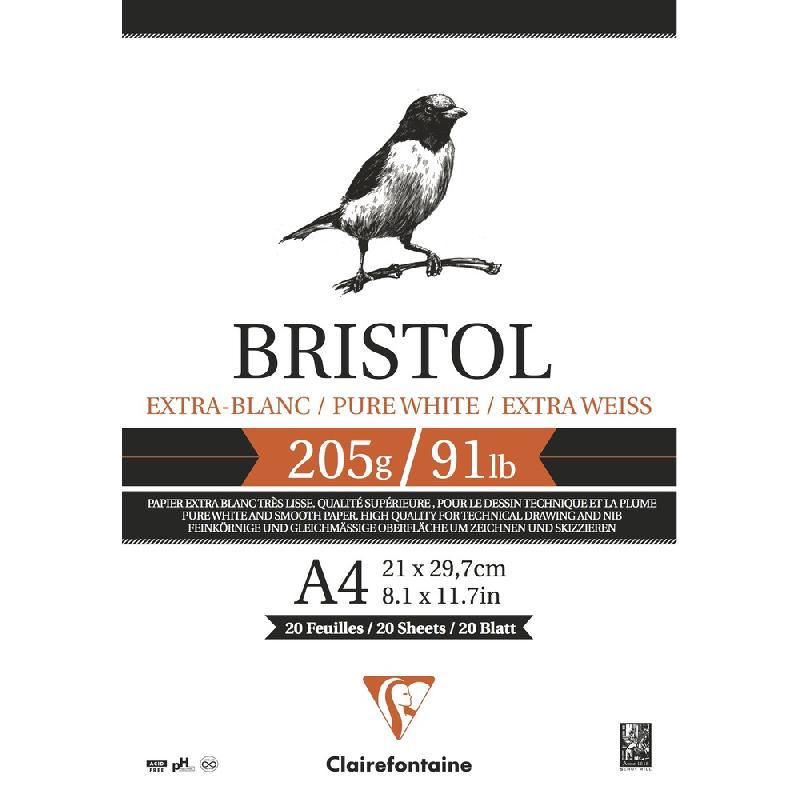 BRISTOL BLOC COLLÉ 20F A4 205G - BLANC - LOT DE 3