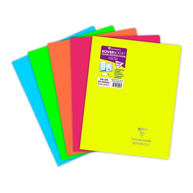Clairefontaine Lot de 10 Cahier Kover Book Néon 24x32, 96p./48 feuilles 90 g/m² piquées, couv. Fluo assorties (5), Séyès - 3037929814231_0