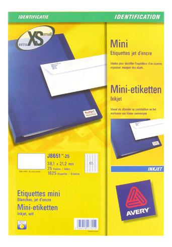 ETIQUETTE ADRESSE JET D'ENCRE 38,1 X 21,2 MM AVERY J8651-25 BLANCHE - BOÎTE DE 1625