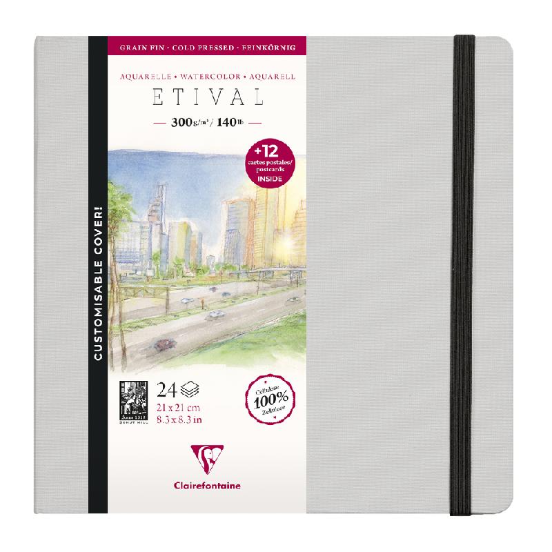 ETIVAL AQUARELLE CARNET COUSU 24F 21X21CM 300G GRAIN FIN (CARTES POSTALES) - BLANC - LOT DE 2