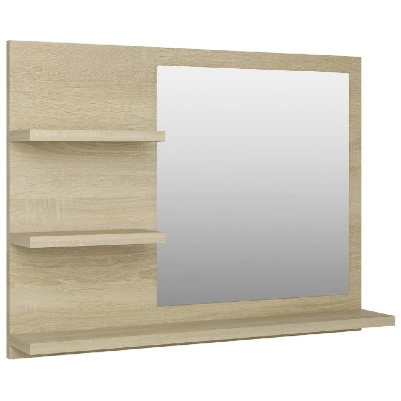 Miroir de salle de bain chêne sonoma - 60x10,5x45 cm - avec 3 étagères en aggloméré et acrylique_0