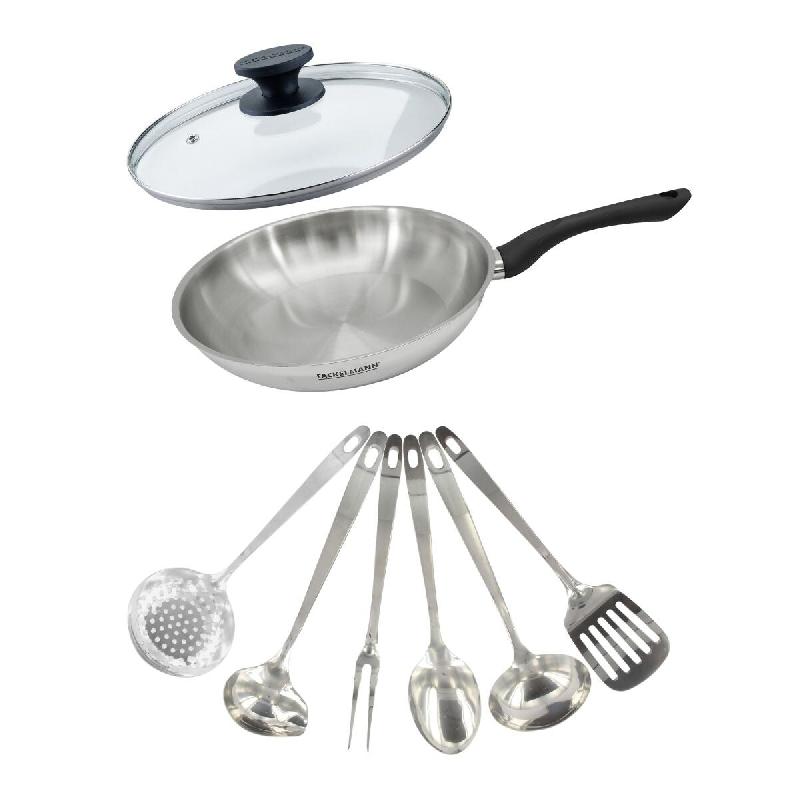 Set poêle 28 cm en inox, couvercle verre et 6 ustensiles inox Fackelmann Geneva - Acier inoxydable 18/10 3176239944556_0