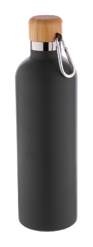 Thermos isotherme double paroi - acier inoxydable - couvercle bambou et mousqueton - 500 ml - couleur noire_0