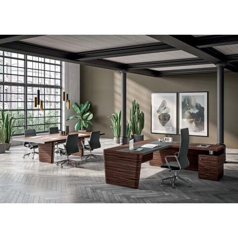 BUREAU DIRECTION XENNON L.190 X P.220 AVEC RETOUR SUR CAISSON ET SOUS-MAIN EN CUIR - NOIR ÉBÈNE RAYÉ BOIS