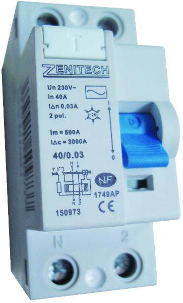 INTERRUPTEUR DIFFERENTIEL 40/2 30 MA TYPE ACIER ZENITECH NF