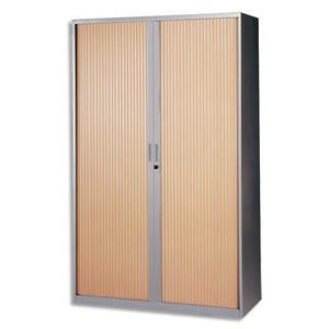 Armoire haute monobloc MT International - métal silver, rideaux hêtre, 4 tablettes, 120x198x43 cm_0
