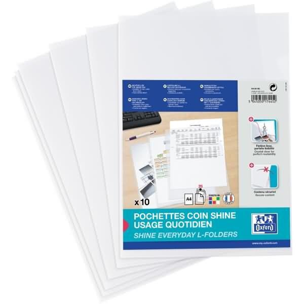 Oxford Sachet de 10 pochettes coin Shine A4, en polypro lisse incolore - 100206592_0