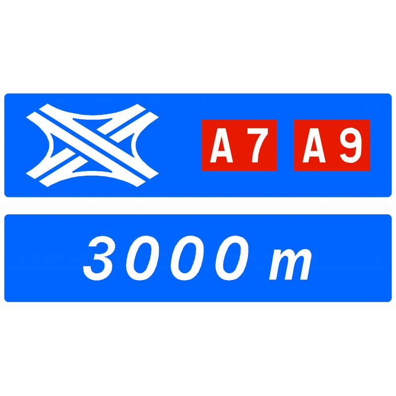 Panneau D74a directionnel - bifurcation autoroutière avec cartouches rouges et distances en mètres_0