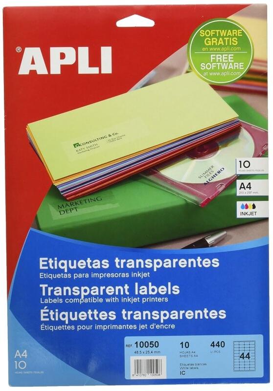 Apli 440 étiquettes polyester transparentes, format 48,5 x 25,4 mm (10 feuilles A4 / cdt) - 8410782100508_0