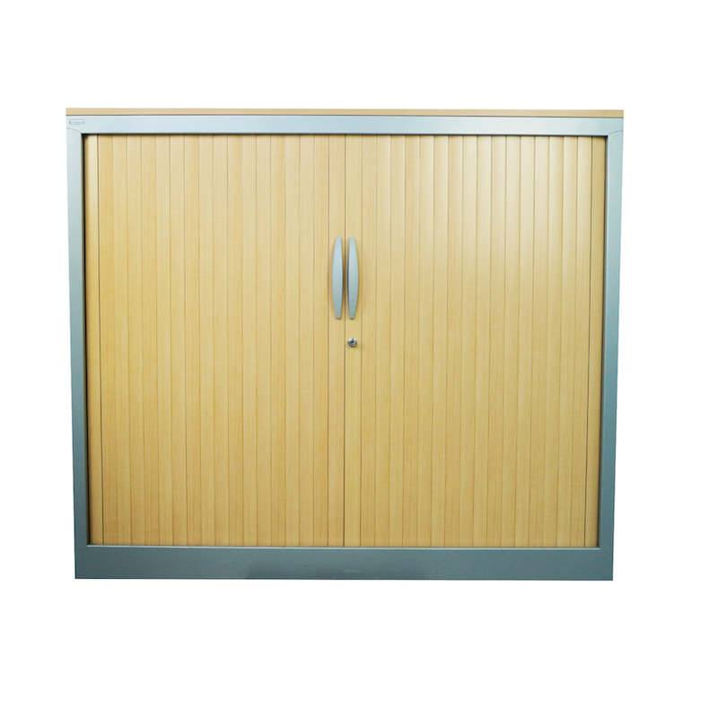 Armoire basse Majencia - top en bois d'occasion - 120x104x43 - portes à rideaux - 3 étagères_0