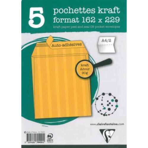 Clairefontaine Lot de 100 Paquet filmé de 5 pochettes Adhéclair kraft Adour 162x229/C5, 90 g/m², adhésive avec bande - 3329680794205_0