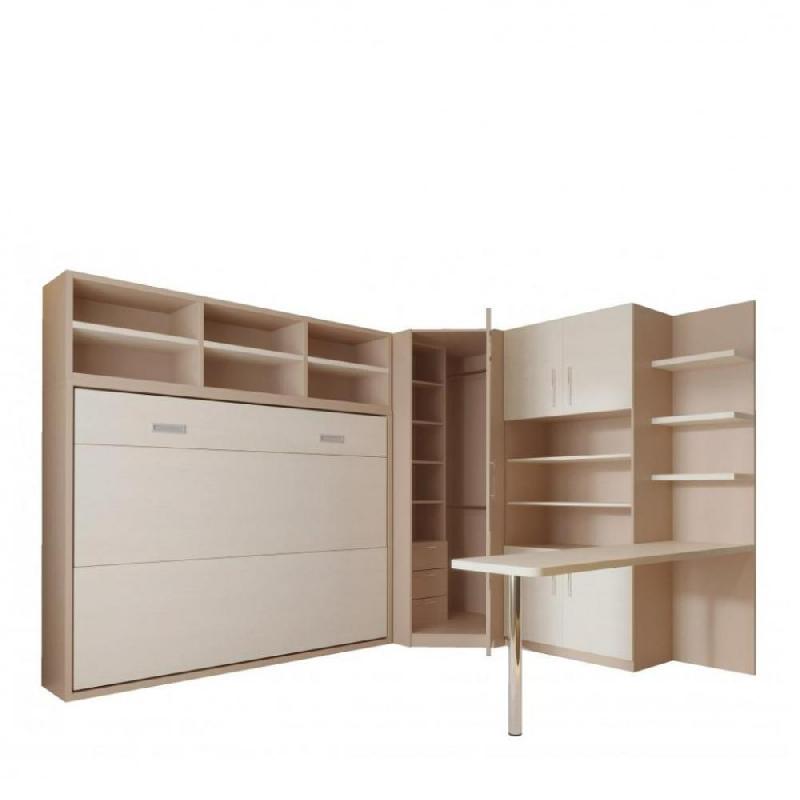 Composition armoire lit transversal SKYROS 140 x 200 cm - avec rangements, bureau intégré et colonne de rangement_0