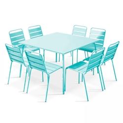 Oviala Business Ensemble table de terrasse et 8 chaises en métal turquoise - bleu acier 109280_0