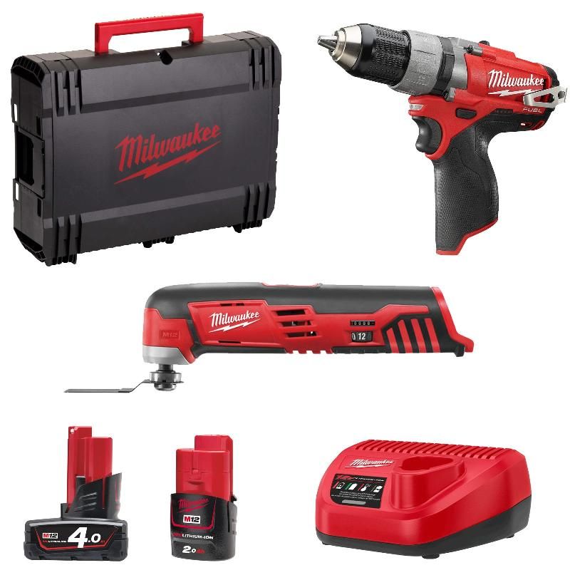 LOT PERCEUSE-VISSEUSE ET MULTI-TOOL MILWAUKEE 12V LI-ION + 1 BATTERIE 4.0AH, 1 BATTERIE 2.0AH, CHARGEUR, COFFRET M12SET2A-421X - 4933448551